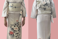 ポイント柄の袋帯を上品に扇太鼓で